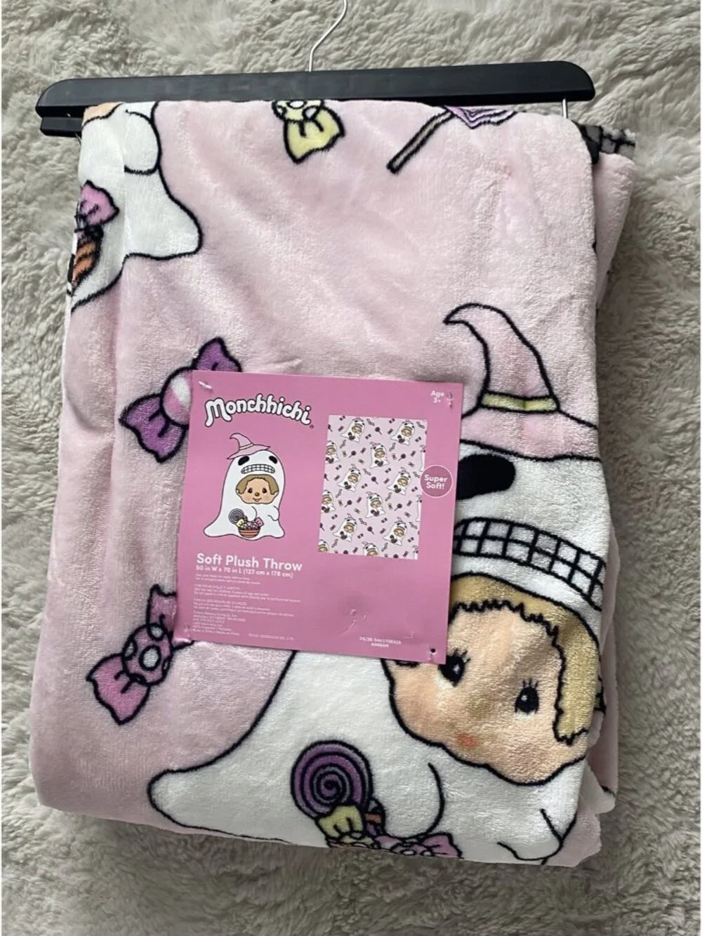 Halloween Candy Ghost Monchhichi Pink Soft Plush Throw Blanket 50” X 70” NEW